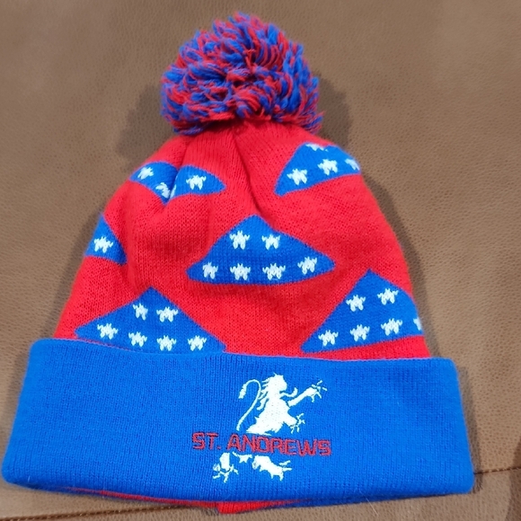 St. Andrews Scottish Red and Blue Pom-Pom Beanie - Picture 1 of 5